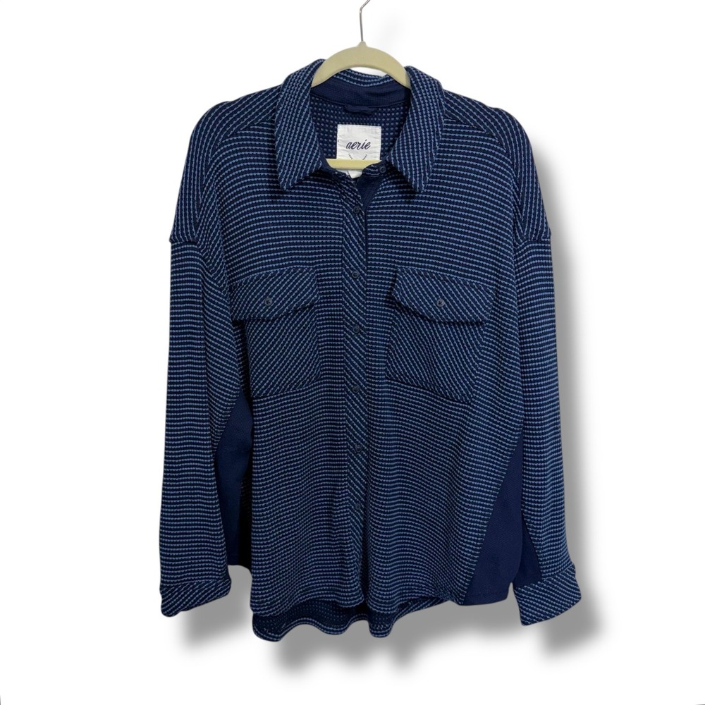 Aerie Lumberjane Waffle‎ Button Down Shirt Blue Textured Oversized Size L